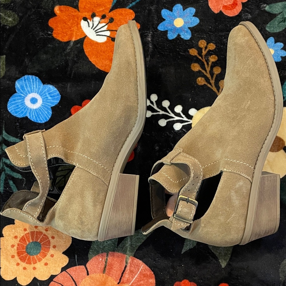 Suede Tan Cutout Ankle Booties with Buckle Strap - Picture 4 of 10